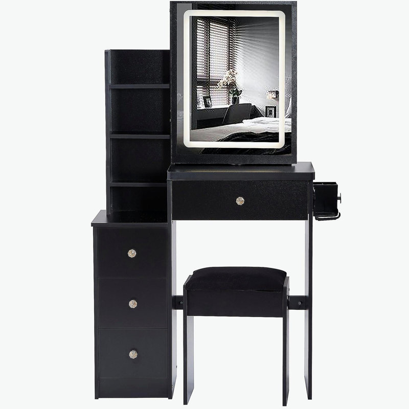 29.2" Small Size Left Bedside Cabinet Vanity Table + Cushioned Stool, 2 AC+2 USB Power Station, Hair dryer bracket, Extra Large Touch Control Sliding LED Mirror, Tri-color Switching, Brightness Adjust