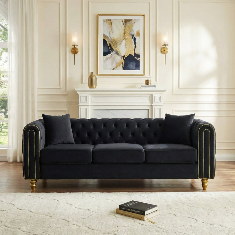 3-Seater Velvet Sofa, Chesterfield Upholstered Couch With Rolled Arms, Gold Trim & Solid Wood Legs, Removable Cushions For Living Room