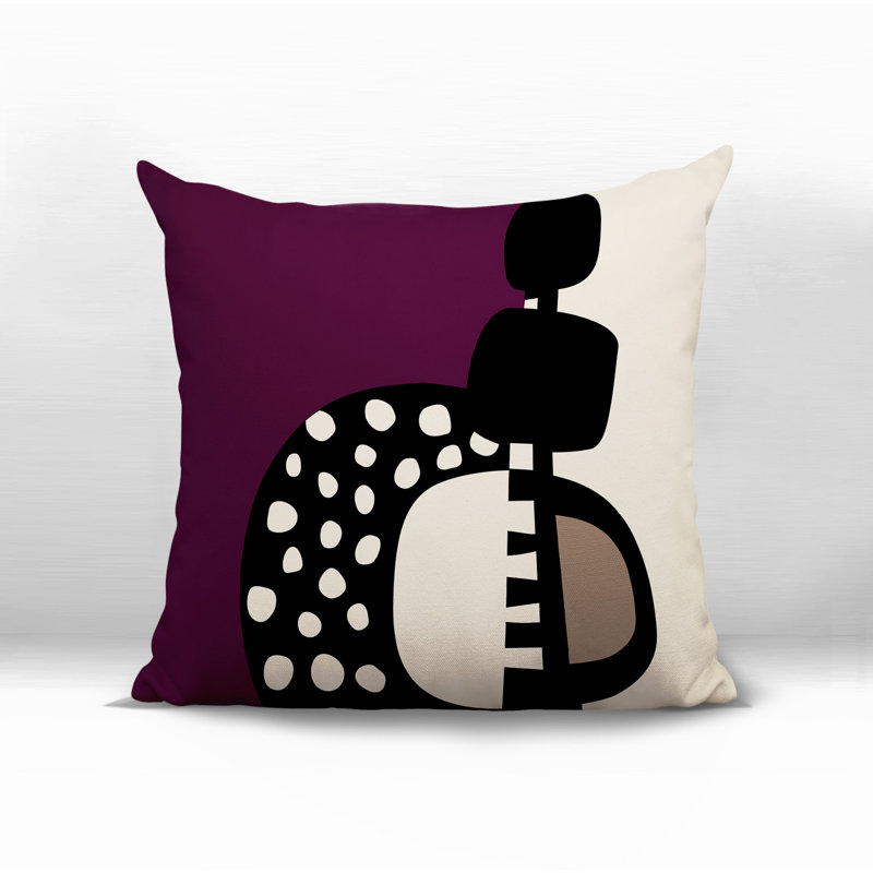 Oreiller carré réversible intérieur / extérieur Khari, H 15 po x l 15 po, Mauve / noir / blanc cassé abstrait