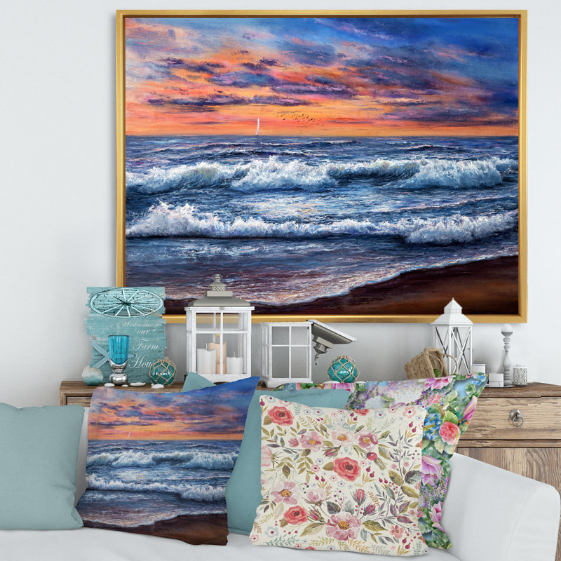 Coucher de soleil sur l'océan bleu II - peinture sur toile, H 16 po x l 32 po x p 1 po, Cadre flottant doré