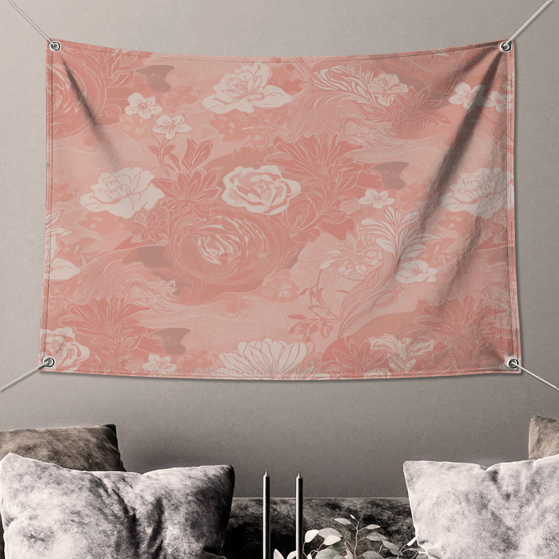 Tapisserie murale à motif floral rose - décoration murale florale, H 50 po x l 60 po avec 4 œillets