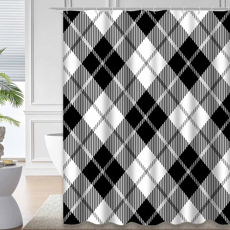 Rideau de douche sans couture à carreaux noir avec 12 crochets, L 72 po x l 78 po