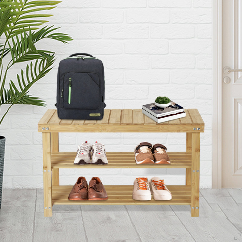 27.5" Shoe Rack Solid Wood Shoe Bench, 3-Tier Shoe Organizer For Entryway Hallway