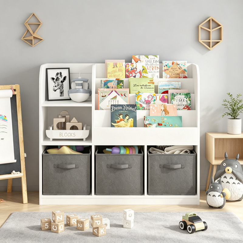 Kids Bookcase And Bookshelf With 3 Collapsible Fabric Drawers Display Stand