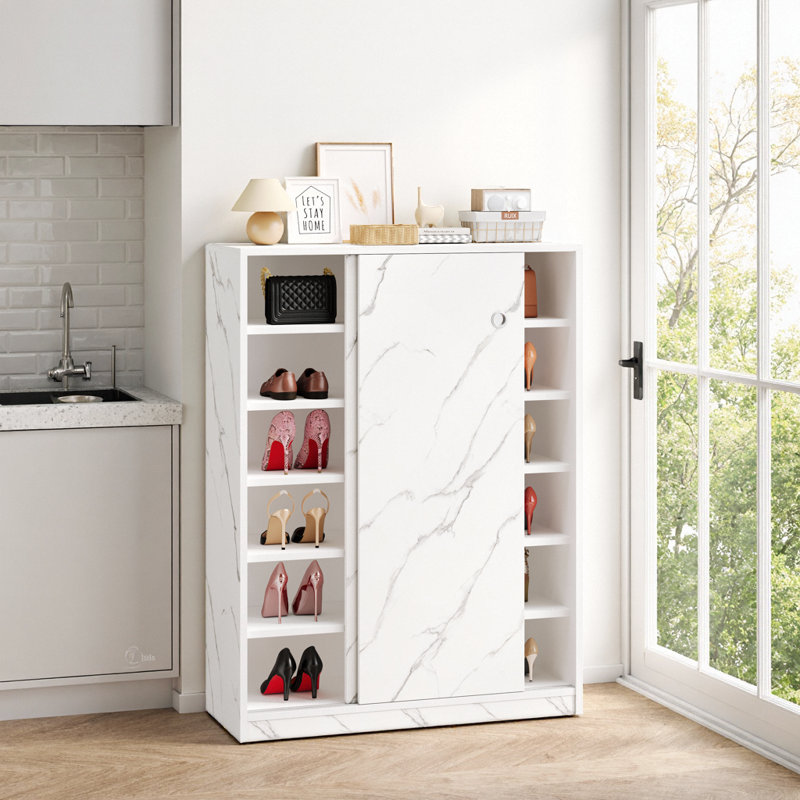 47" Marble Shoe Cabinet with Sliding Doors, 6-Tier Storage for 30+ Pairs, Space-Saving Entryway Organizer with Adjustable Shelves, Modern Wood Grain Texture Finish