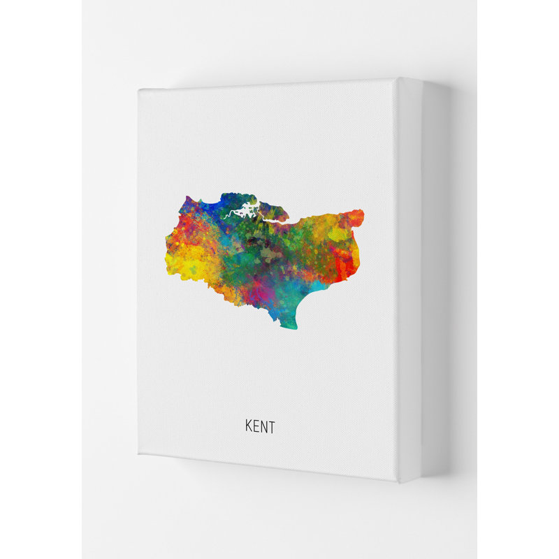 Kent Watercolour Map by Michael Tompsett - Print, 84cm H x 59.4cm W x 4cm D, Wrapped Canvas