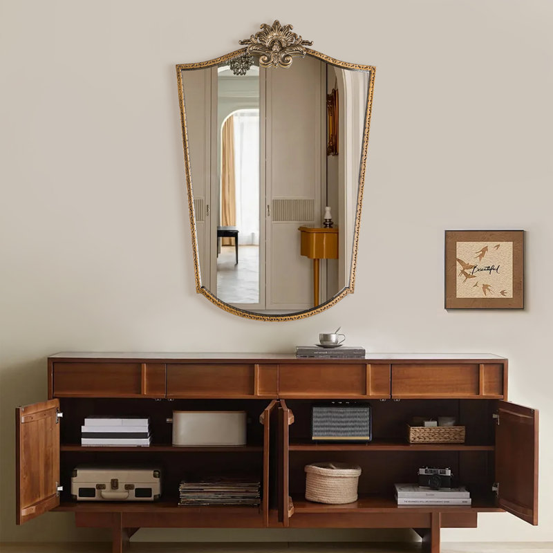 Lindon 30''x22'' Vintage Baroque Gold Framed Asymmetrical Decorative Wall Accent Mirror For Living Room, Antique Gold