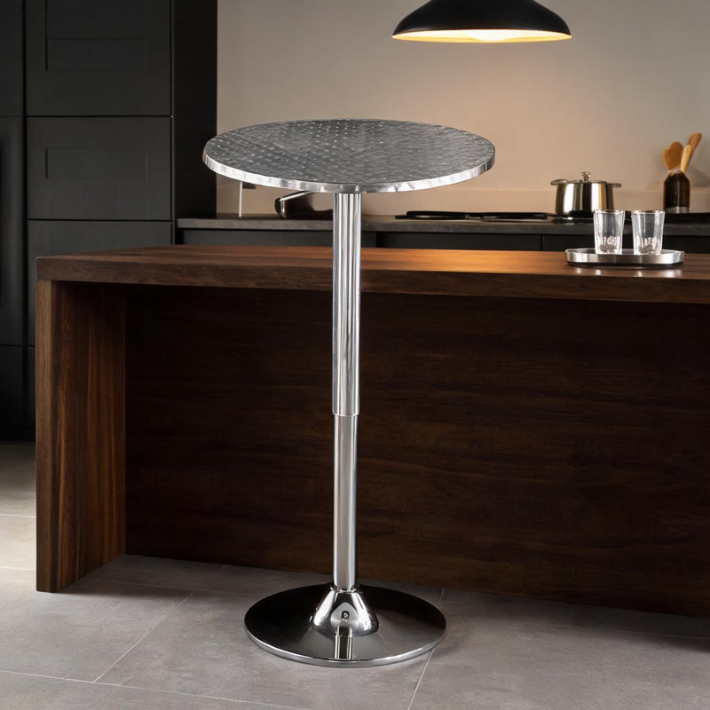 Table de bar ronde réglable avec levier hydraulique - plateau et piédestal en aluminium argenté, largeur de 25,5 po