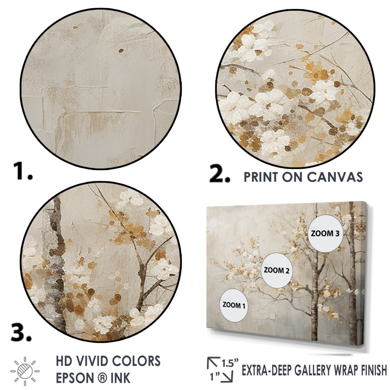 Harmonisation des arbres beiges III sur toile, H 34 po x l 44 po x P 1,5 po, Cadre flottant blanc