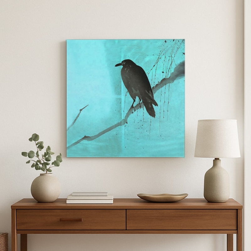 Corbeau noir sur branche - art mural carré en métal, 32" H x 32" W