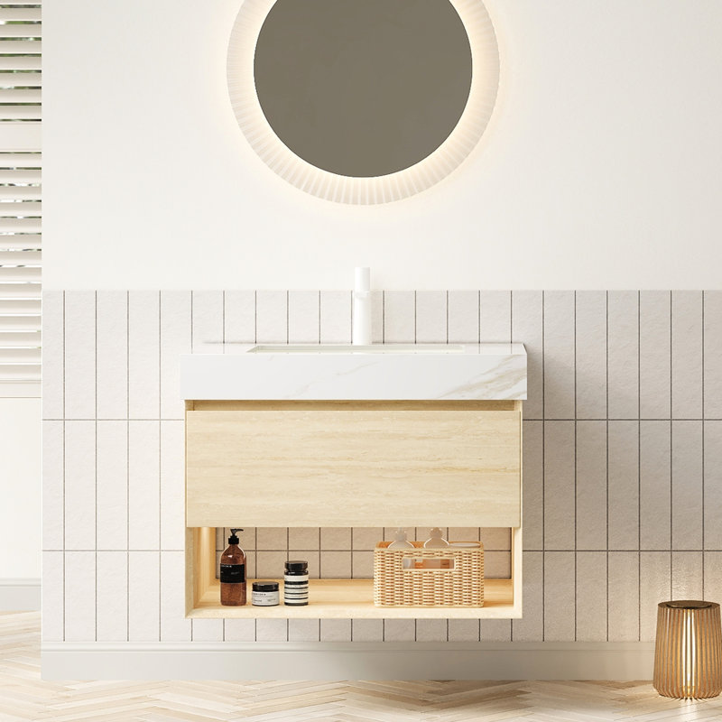 Meuble-lavabo de 30 po avec comptoir en pierre frittée et lavabo en céramique, rangement en contreplaqué flottant, tablette de tiroir, meuble-lavabo à DEL à capteur, arrangement, DEL à détection automatique, plateau en or