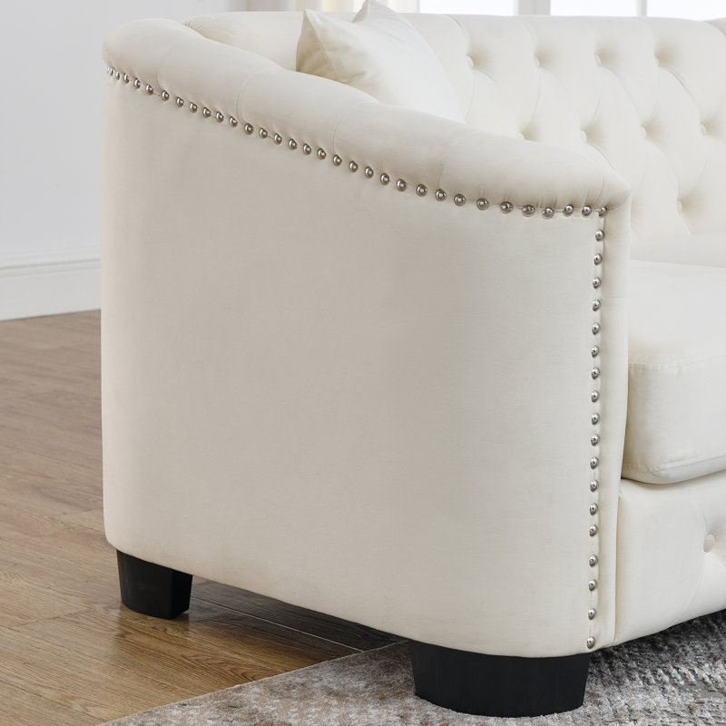 Canapé en velours beige 3 + - avec structure en bois massif, coussins en mousse confortables et support à ressorts, garniture cloutée élégante, housses de coussin amovibles pour un confort de base magnifique