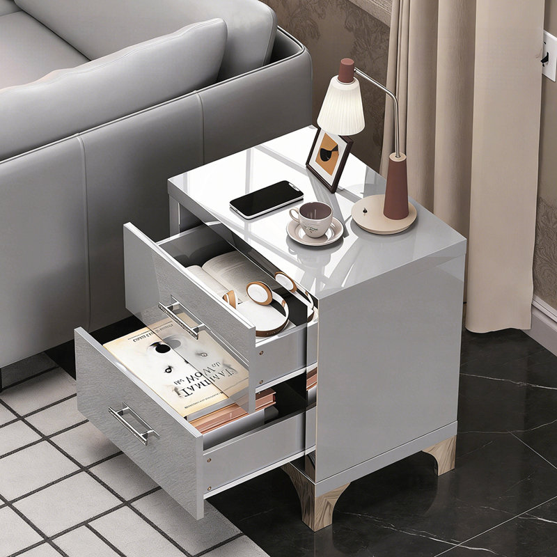 High Gloss Mirrored Nightstand with 2 Drawers, Modern End Table for Compact Spaces and Elegant Bedrooms, Gray