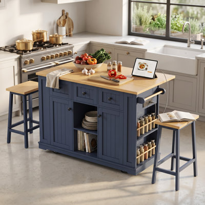 53inch Large Kitchen Island with Drop Leaf, Power Outlet, Door Internal Storage Rack, Rolling Kitchen Cart on 5 Wheels with 5 Open Side Racks for Kitchen, Dining Room(Not include bar stools)
