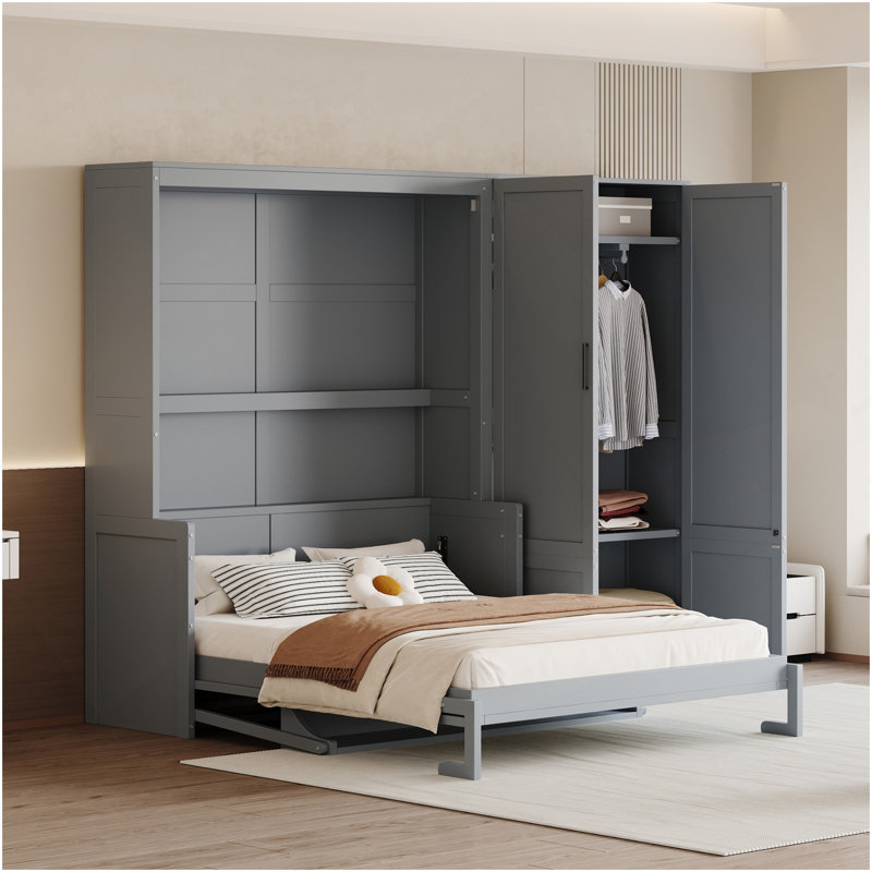 Grand lit escamotable mural avec placard, gris