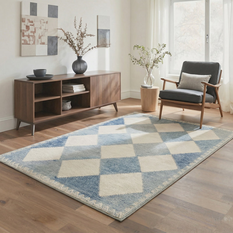 Teshayla Coastal Geometric Diamond Machine Washable Blue / Beige Indoor Area Rug with Non-Slip Backing, Rectangle 6' x 9'
