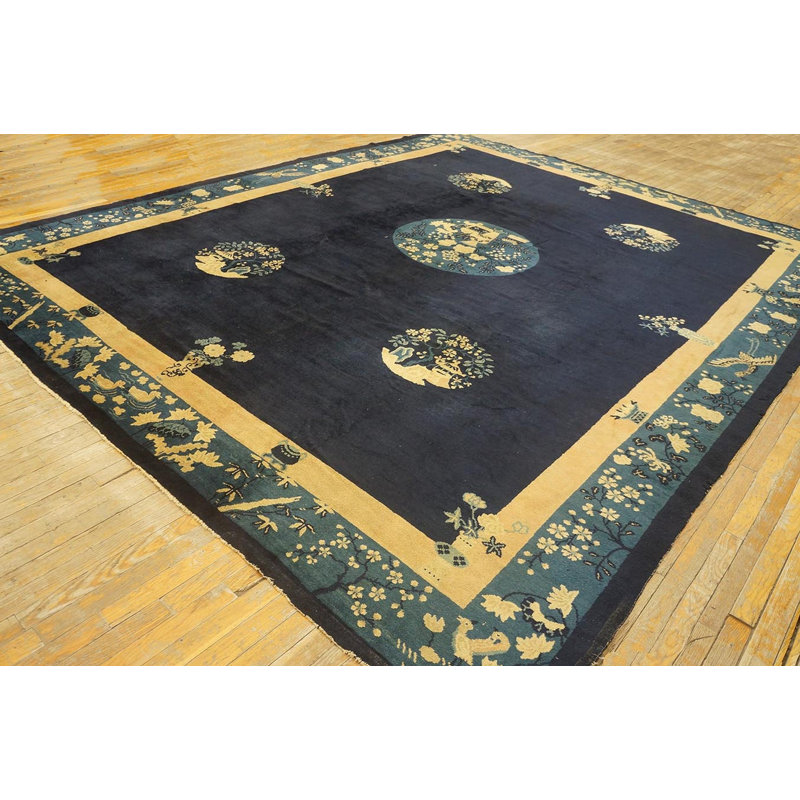 Blue Ivory Beige Cream White Hand Knotted Pile Wool 1920s Antique Rectangle Rug