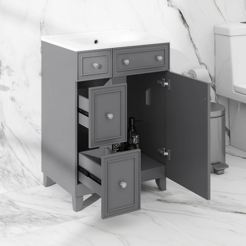 Armoire de meuble-lavabo 24 po avec lavabo en céramique, armoire de rangement avec 2 tiroirs 24 po, Gris