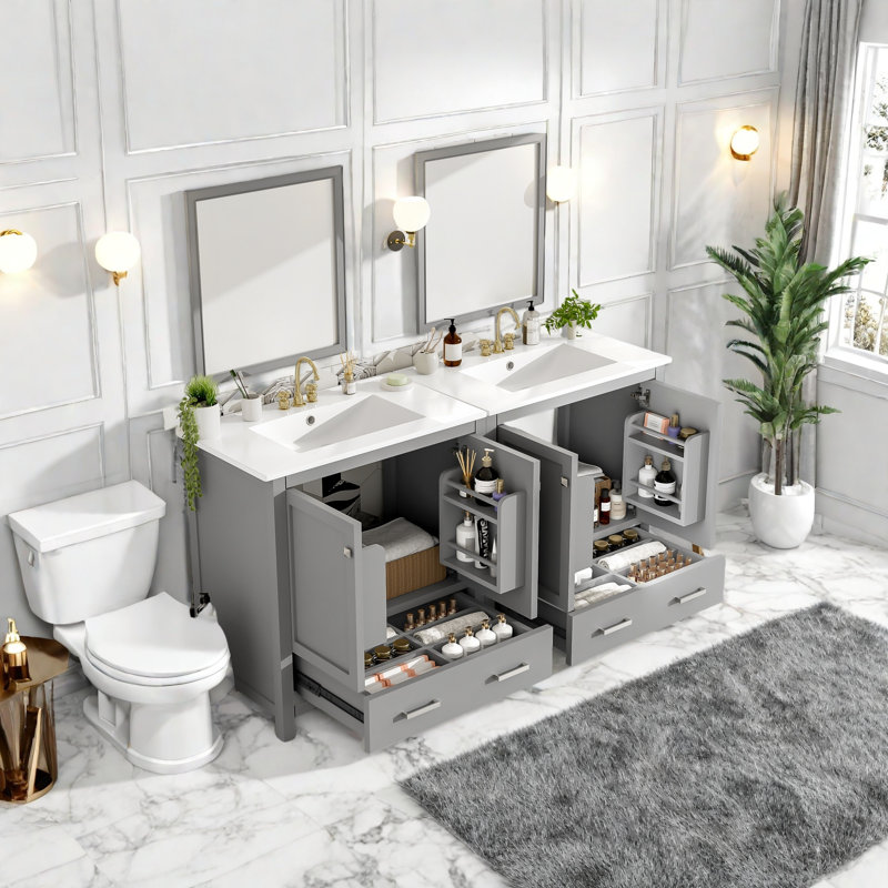 Meuble-lavabo double avec lavabo en céramique blanche, portes à fermeture douce, rangement spacieux, structure en bois massif, armoire de salle de bain moderne avec tiroirs et tablettes - unités 2 x 30 po