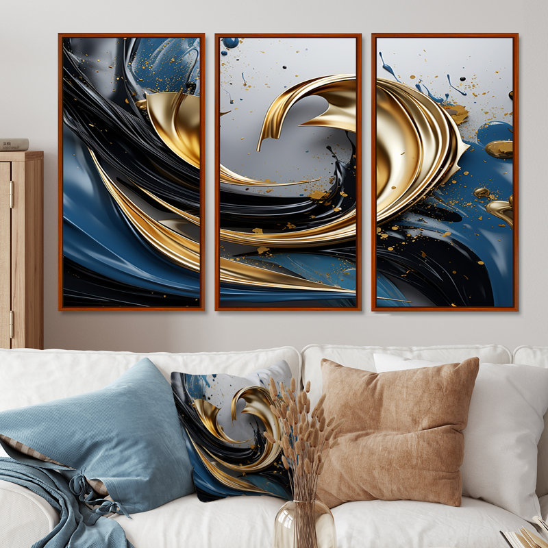 «Evolving Gold Flow» - ensemble d'impressions murales abstraites à encre liquide, H 40 po x l 60 po x P 1 po