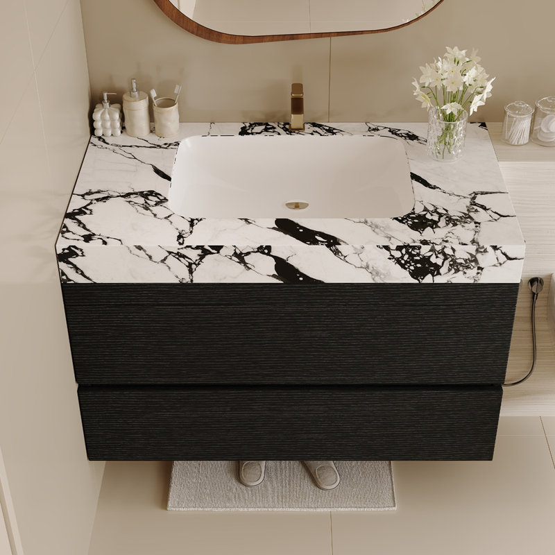 Meuble-lavabo flottant moderne 29,9 po avec comptoir en faux marbre et lavabo encastré en céramique, fixation murale pour petites salles de bain et appartements