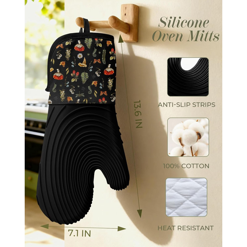 2 Pcs Black Mushroom Long Silicone Oven Mitts