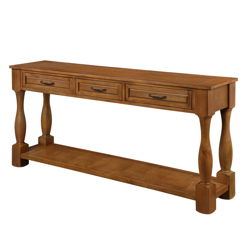 63" Wood Console Table with 3 Drawers and Bottom Shelf, Brown Extra-Thick Sofa Table for Entryway Hallway, Brown