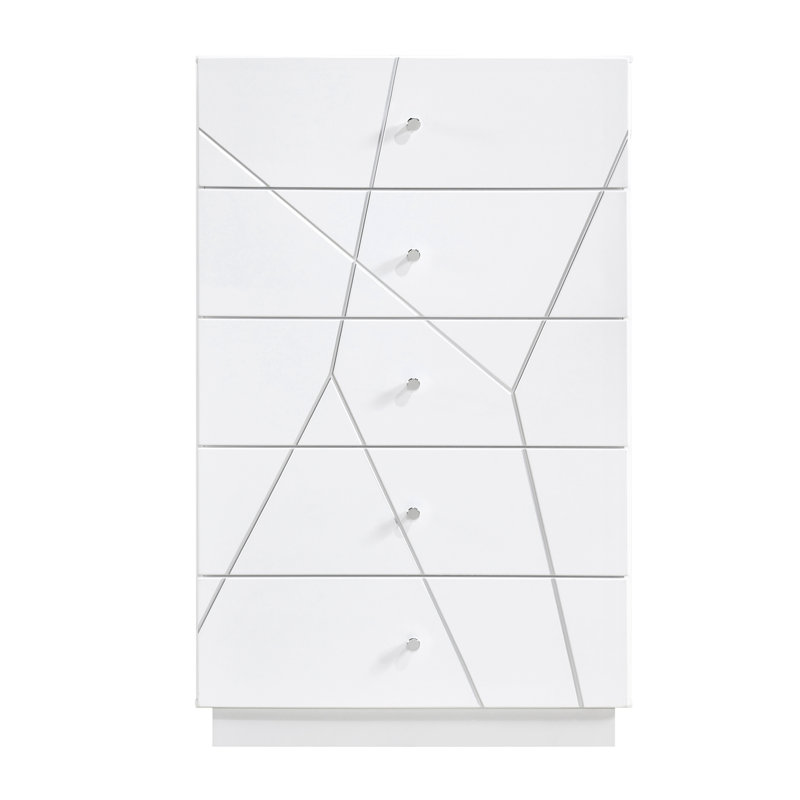 Commode de rangement à 5 tiroirs à finition blanche glamour