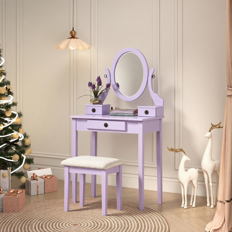 Table de coiffeuse et tabouret de maquillage mauve avec 3 tiroirs de rangement, Violet