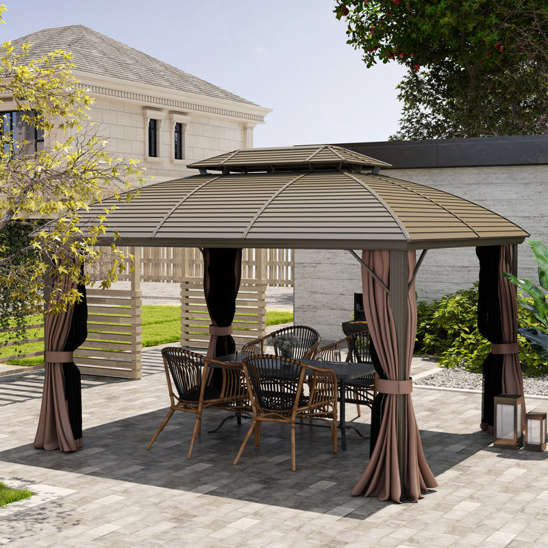 Pavillon de jardin à toit rigide en métal 10 pi x 12 pi avec rideaux et filet, café