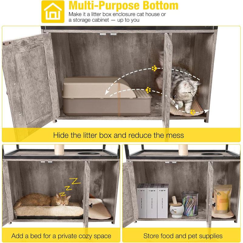Gray Wooden 3-Story Cat Condo with Litter Box Enclosure