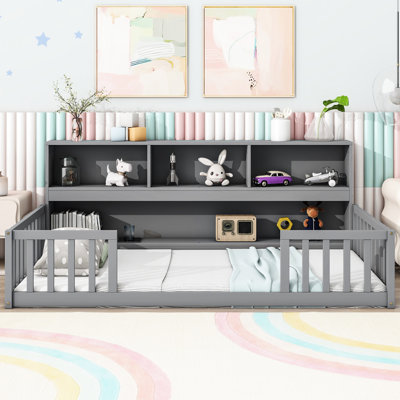Lit simple avec garde-corps et tablettes grises - Rangement de chevet élégant pour chambre à coucher