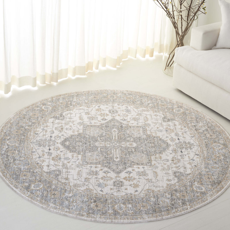 Tapis ivoire / bleu en polyester tissé à la machine Lauren Ralph Lauren 1759, Rond 6 pi 7 po