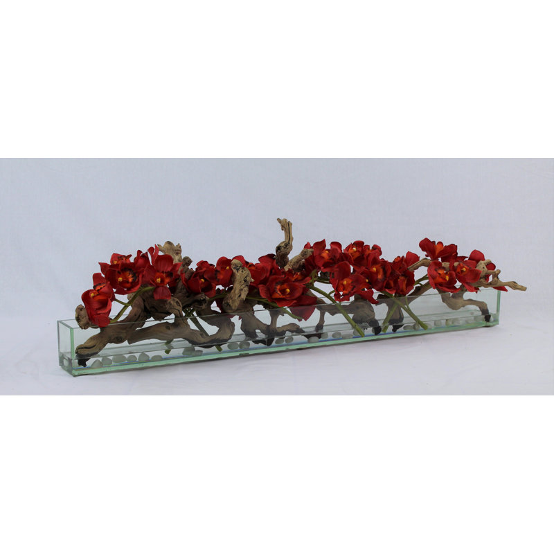 Centre de table orchidée Driftwood Cymbidium, H 16 po x l 48 po x P 4 po, Rouge