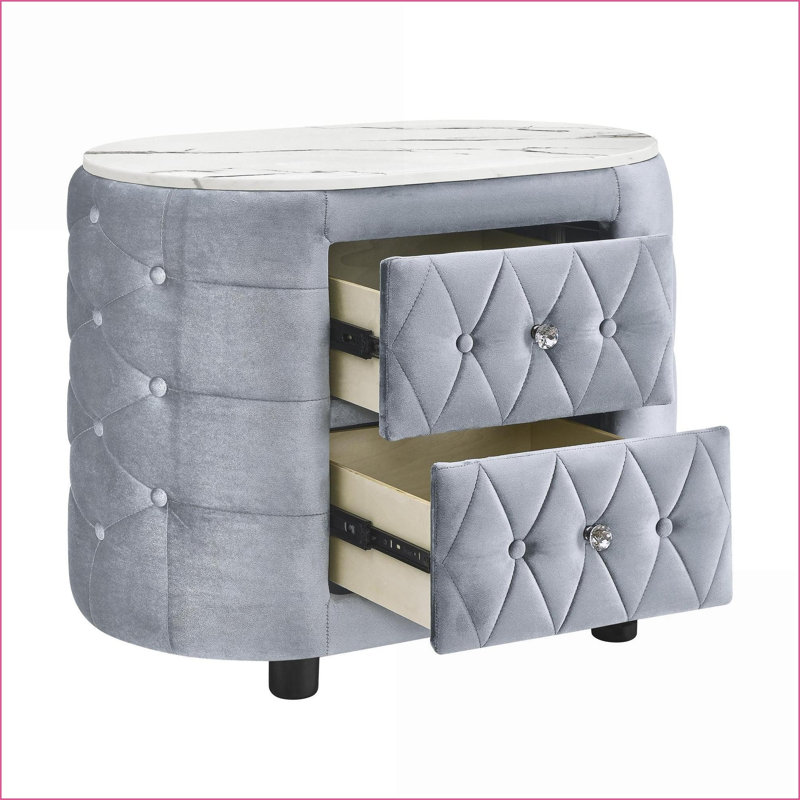 Table de chevet moderne gris avec dessus en faux marbre et amp; 2 tiroirs, Gris