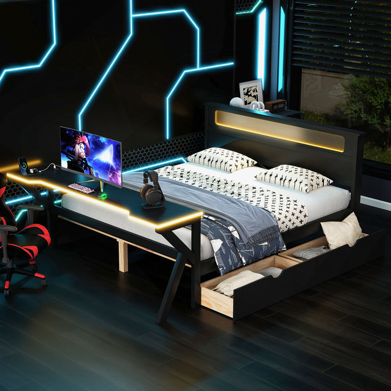 Lit plateforme en bois avec tête de lit à DEL, bureau à DEL, USB et deux tiroirs de rangement, Lit double