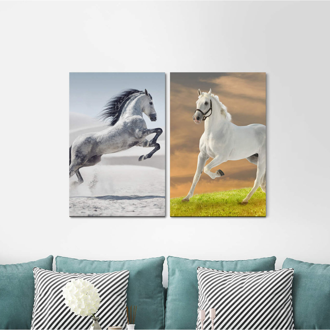 2-tlg. Leinwandbilder-Set - Fotografie „Horses Powerful Wild Elegant Cavalier Grey Dreamlike”