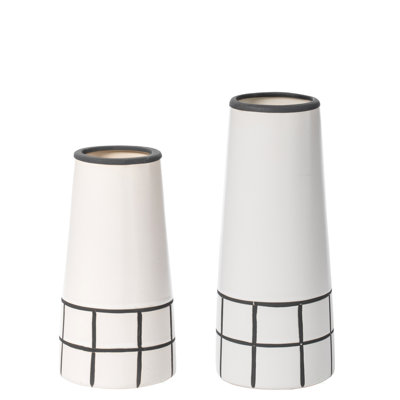 Set Of 7" And 9.5" High Ceramic Modern Painted Grid Tapered Flower Table Vases, Black And White, Elegant Decorative Accent For Living Room, Bedroom, Office, Entryway, Or Dining Area Décor
