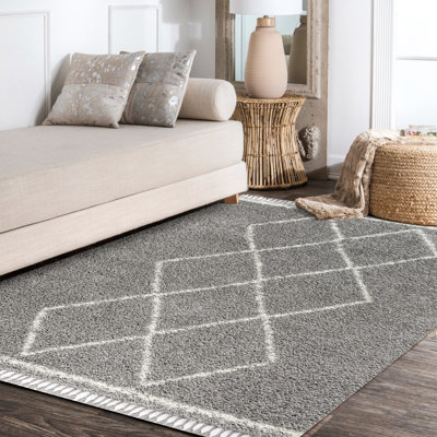Cantera Shag Plush Tassel Moroccan Tribal Geometric Trellis Gray/Cream Rug