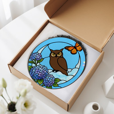12"H Owl Butterfly Stained Glass Window Panel