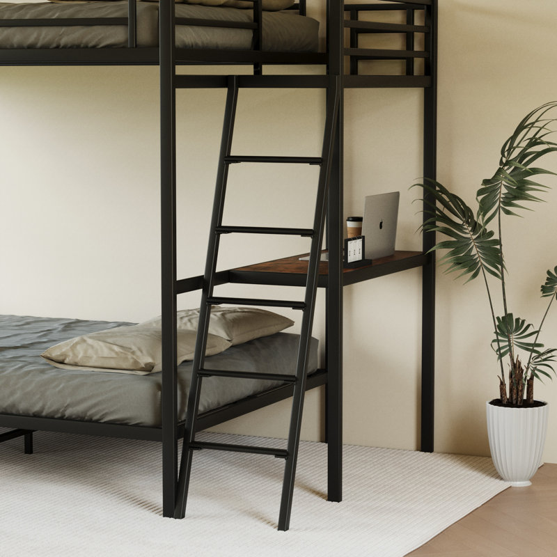 Lit superposé moderne en métal avec bureau, prise de charge, rangement et éclairage DEL Modern, Noir
