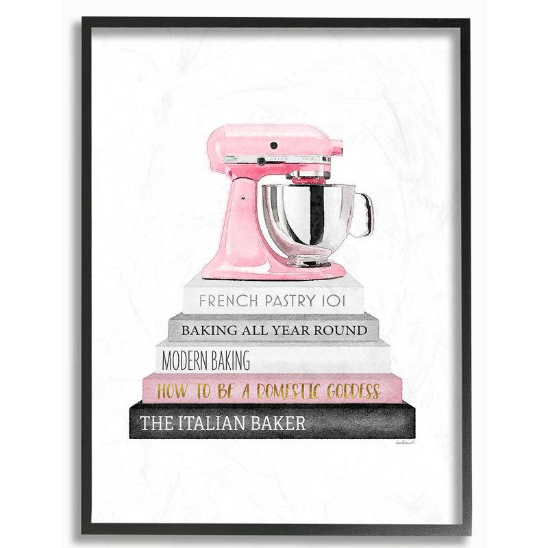 «Bookstack with Mixer», impression en rose, H 14 po x l 11 po x P 1,5 po, Giclée encadrée noir minuit