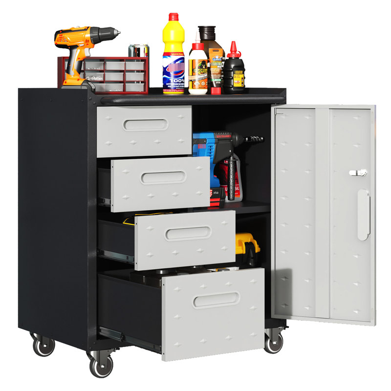 Armoire en métal pour le garage, le bureau et la maison. 360 roulettes verrouillables, plateau surélevé. 4 tiroirs, rangement. Garage noir / gris avec roulettes. Pour la maison, le garage. Dessus, zone. .