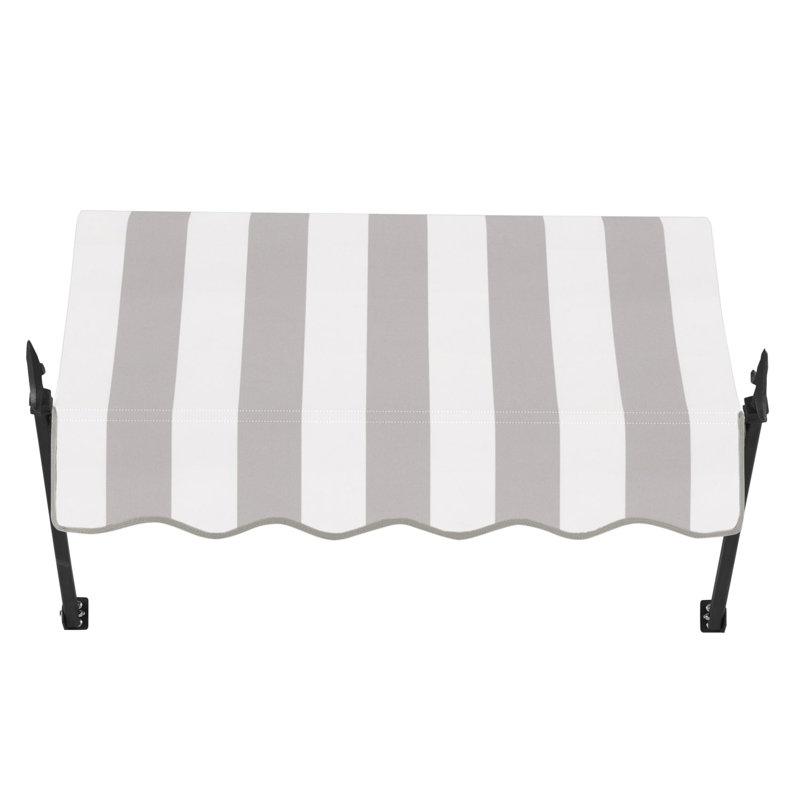 Awntech New Orleans Acrylic Fabric Fixed Awning with Iron Spear Arms, Gray/White Stripe, 31" H x 124.5" W x 16" D