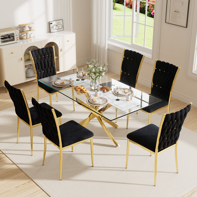 63" Rectangular Tempered Glass Table set, 7, Black/Gold