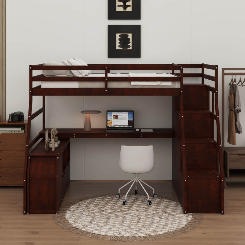 Lit mezzanine simple avec tiroirs et bureau, Lit simple, Espresso