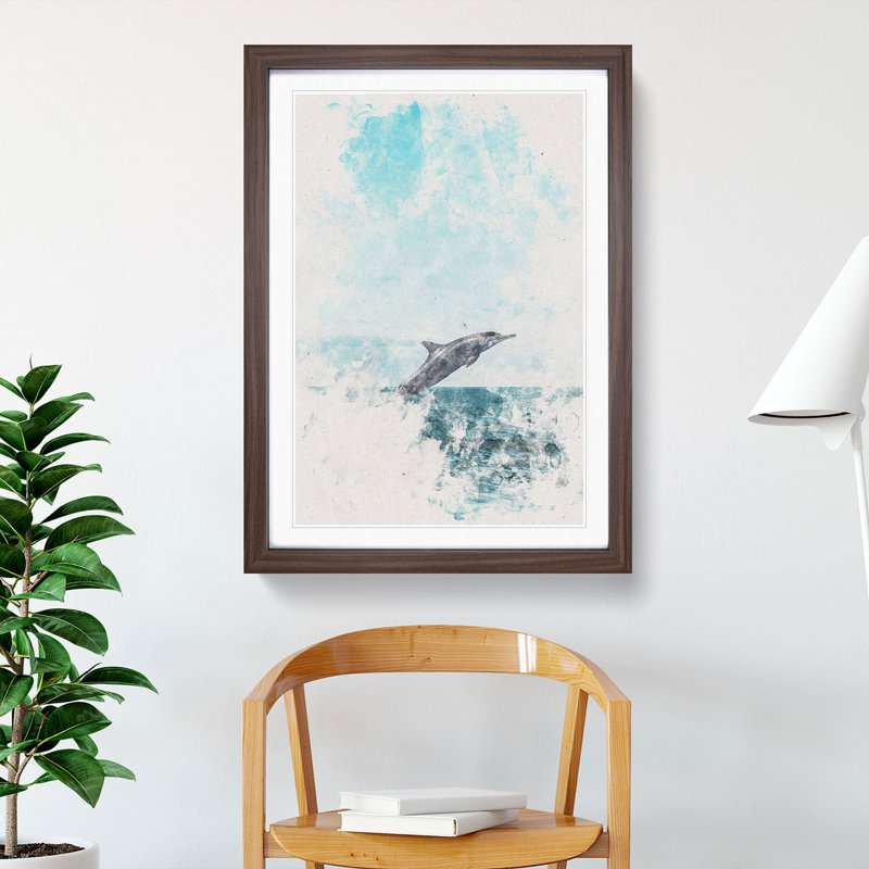 Jumping Dolphin Watercolour - Single Picture Frame Painting on MDF, 87cm H x 62cm W x 2cm D, Walnut Framed