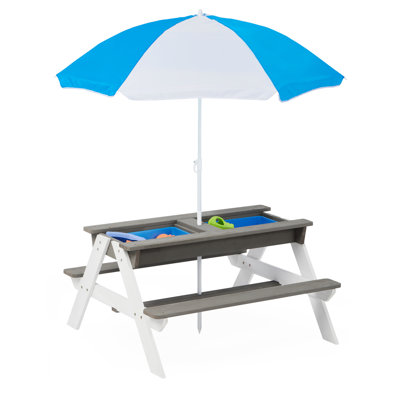 31 Outdoor Picnic Table With Umbrella - Convertible Water And Sand Table, Gray, Wood, & Detachable Activity Natural Wood Connected