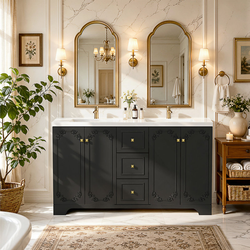 Meuble-lavabo de salle de bain classique français avec lavabo intégré et rangement, Black
