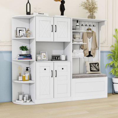 Storage Cabinet and Hall Tree Combination, with Hooks, Storage Cabinet, Open Shelves and Shoe Bench